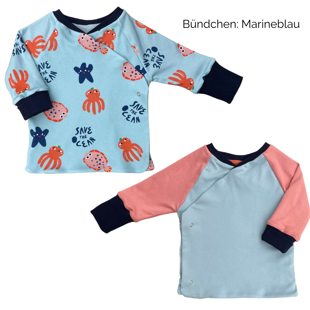 Mitwachsender Wickelpullover für Kinder mit zwei Looks aus Bio-Baumwolle mit Motivstoff Meerestiere von Oktopulli