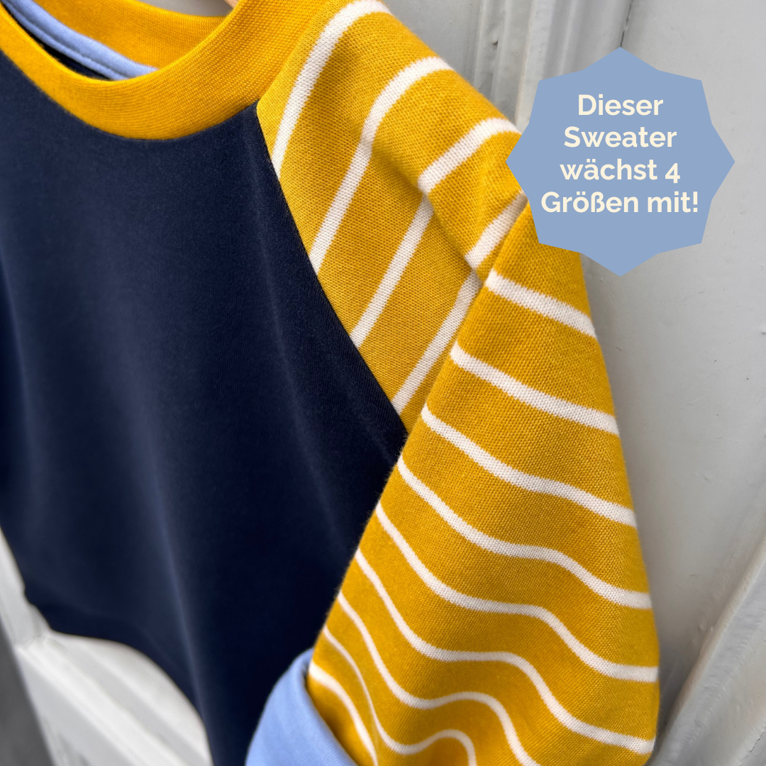 Seitenansicht des Alltagsbegleiters für Kinder im Unisex-Schnitt aus Bio-Baumwolle in Dunkelblau Gelb von Oktopulli