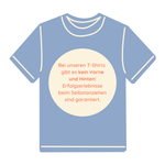 Bild zeigt ein illustriertes T-Shirt mit dem Text „Bei unseren T-Shirts gibt es kein Vorne und Hinten! Erfolgserlebnisse beim Selbstanziehen sind garantiert.