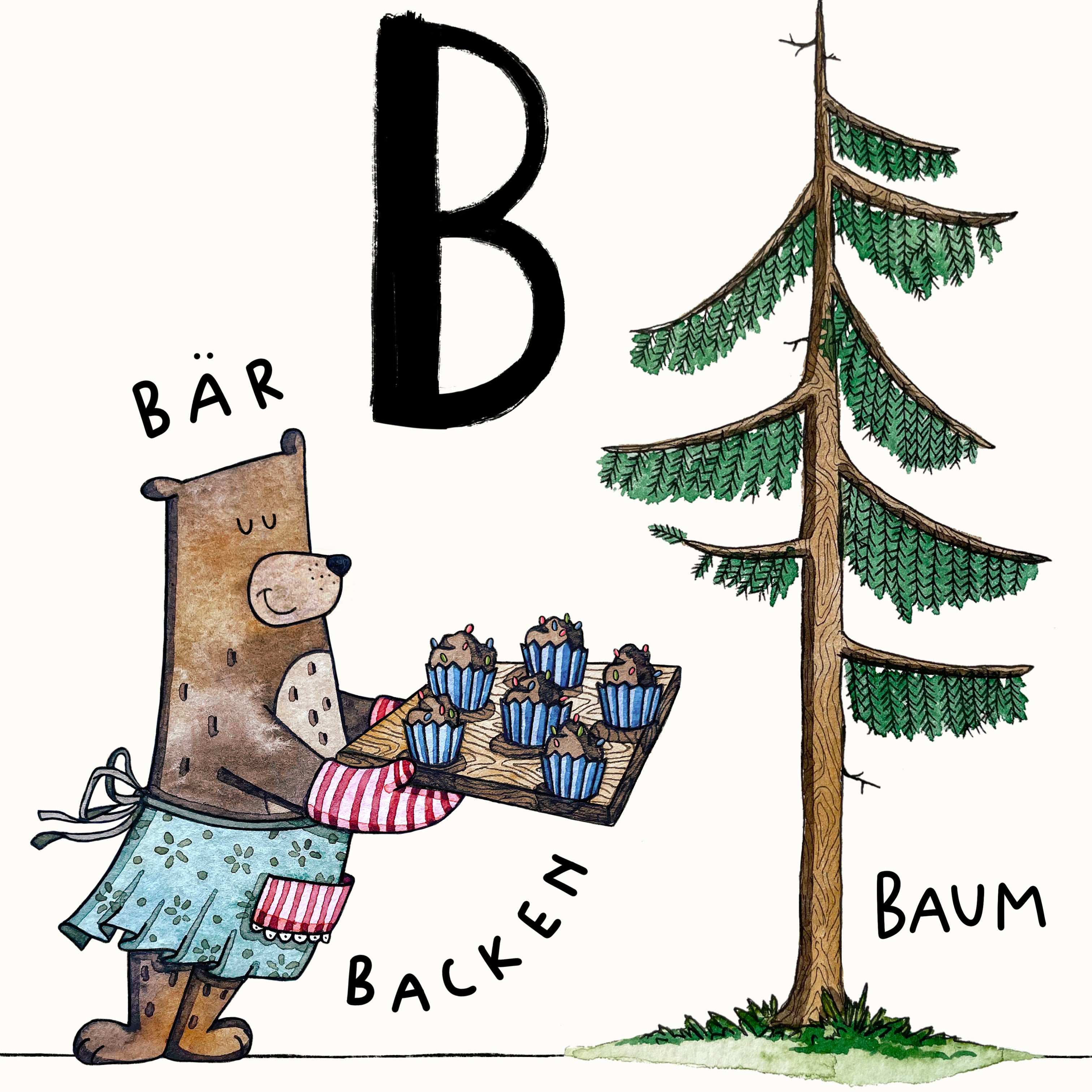 Der Buchstabe B. Ein gezeichneter Bär hält ein Blech mit Gebäck neben einem Baum.