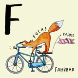 Der Buchstabe F. Ein Fuchs fährt Fahrrad.