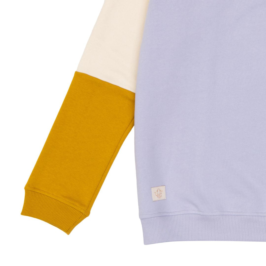 Raglan Erwachsenenpulli. Korpus fliederfarben. Ärmel zweiteilig, in der Mitte geteilt. Obere Farbe off-white, untere Farbe senfgelb. Bündchen an Hals und Saum fliederfarben, an den Ärmeln senfgelb.